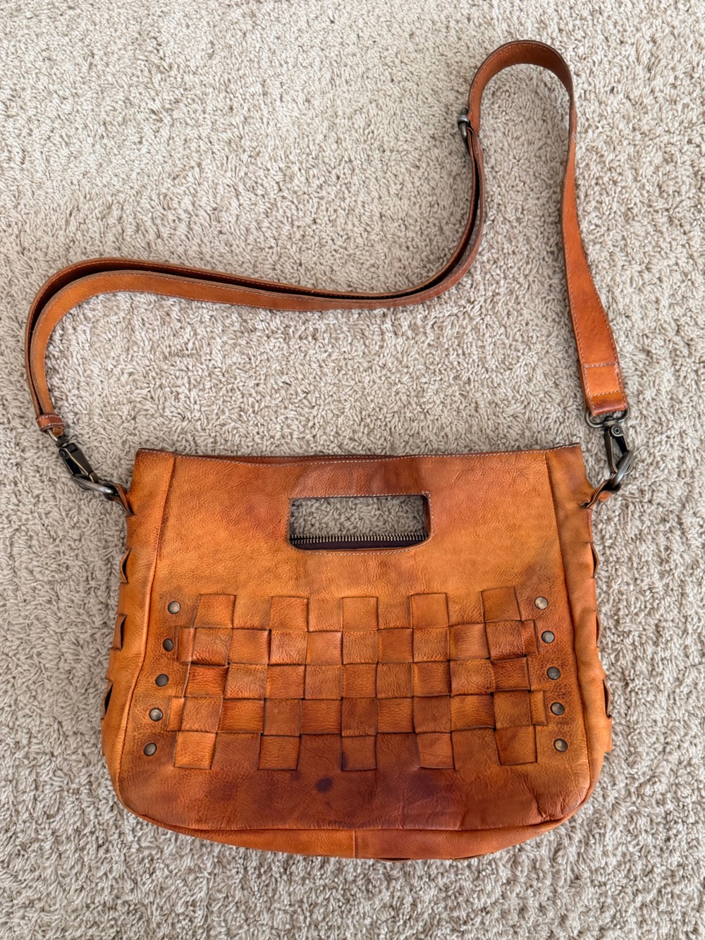 Bed Stu Woven Leather Crossbody in Cognac Brown